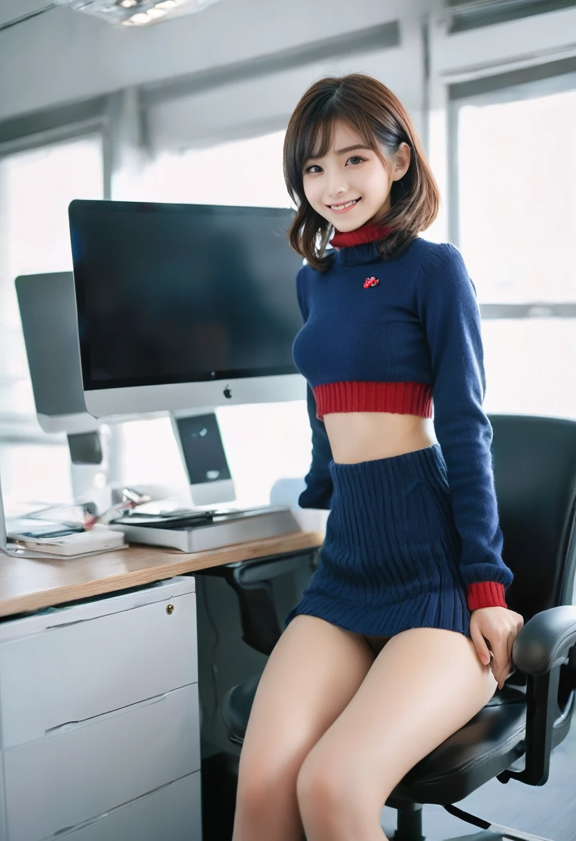 2 girls, office, (standing:1.1), 22-year-old, (Small breasts:1.3),(skinny:1.2),(short sleeve blue sweater:1.2),AKB48,nogizaka46,smile,beautiful girl,highest quality,High resolution,be familiar with,perfect anatomy,beautiful and fine eyes,office Chair,office Desk,laptop,bob cut,(smile:1.2),(open legs:1.3),(fullnude:1.8),(show pussy:1.6),(cowboyshot:1.2),