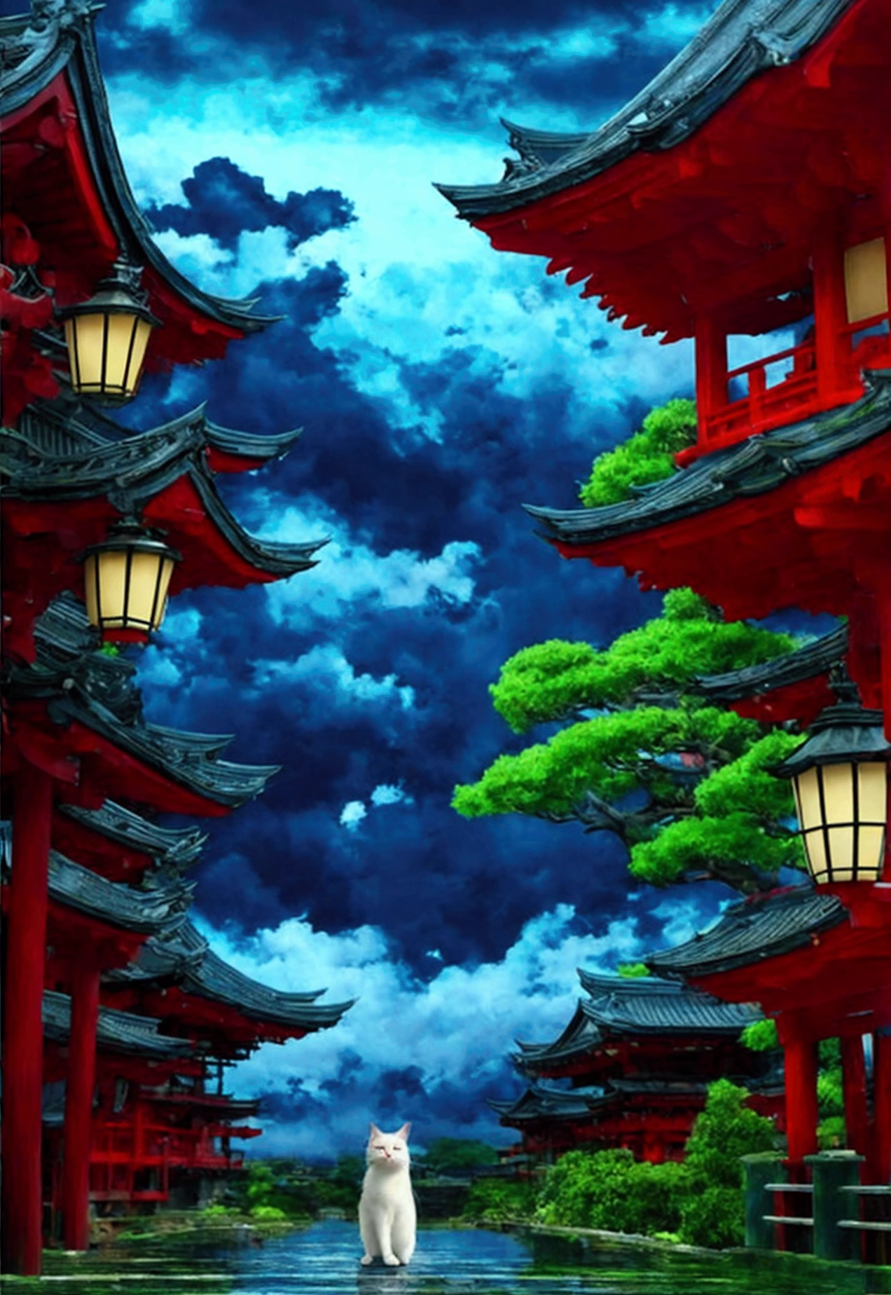 Cat in the back、black cat、huge pussy、Studio Ghibli style、Japanese style、Japan、A shrine in the background、Temple、Wet day、Highest quality、Ultra-fine、Cloudy、anime、Show your back、Giant cat
