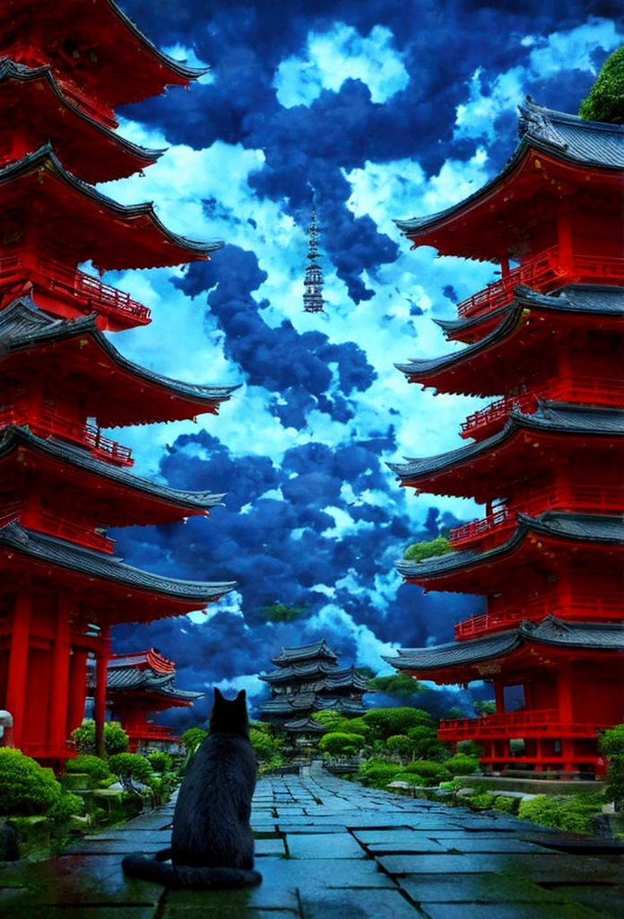Cat in the back、black cat、huge pussy、Studio Ghibli style、Japanese style、Japan、A shrine in the background、Temple、Wet day、Highest quality、Ultra-fine、Cloudy、anime、Show your back、Giant cat