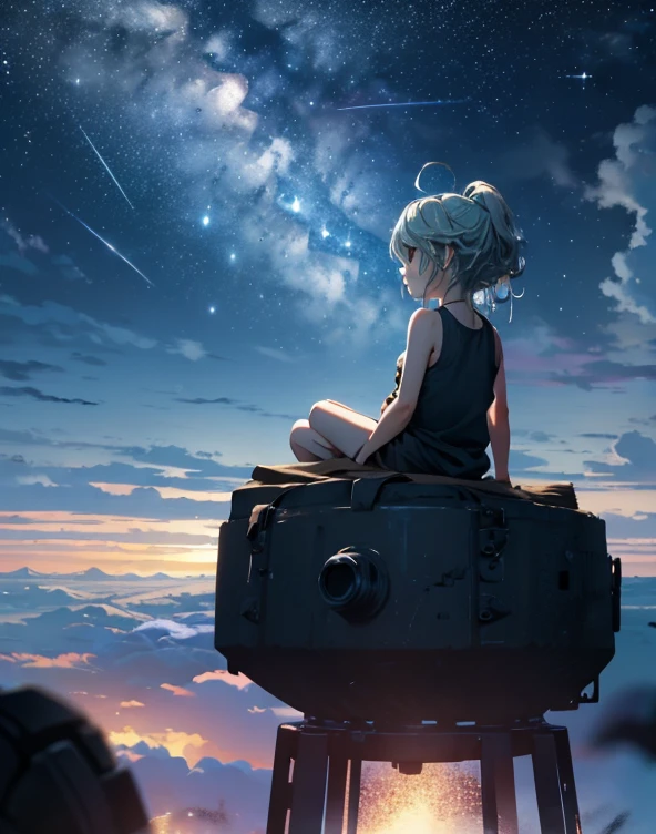 octans, sky, star (sky), scenery, starry sky, night, 1girl, night sky, solo, outdoors, building, cloud, milky way, sitting, 1girl, tank top, bare shoulders, city, silhouette, cityscape, euladef, light blue hair, medium hair, from behind