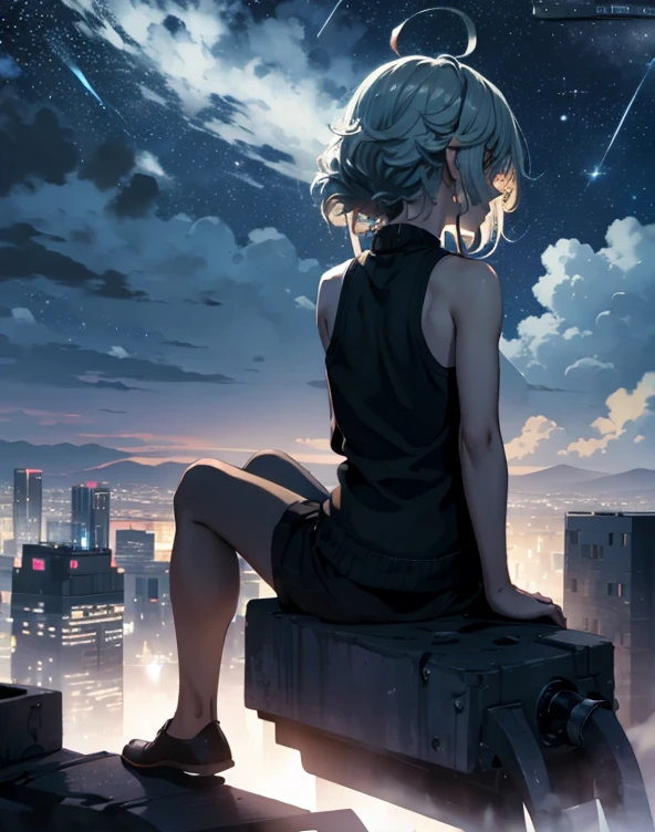 octans, sky, star (sky), scenery, starry sky, night, 1girl, night sky, solo, outdoors, building, cloud, milky way, sitting, 1girl, tank top, bare shoulders, city, silhouette, cityscape, euladef, light blue hair, medium hair, from behind