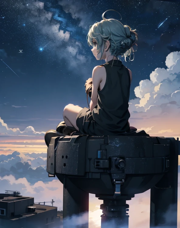 octans, sky, star (sky), scenery, starry sky, night, 1girl, night sky, solo, outdoors, building, cloud, milky way, sitting, 1girl, tank top, bare shoulders, city, silhouette, cityscape, euladef, light blue hair, medium hair, from behind