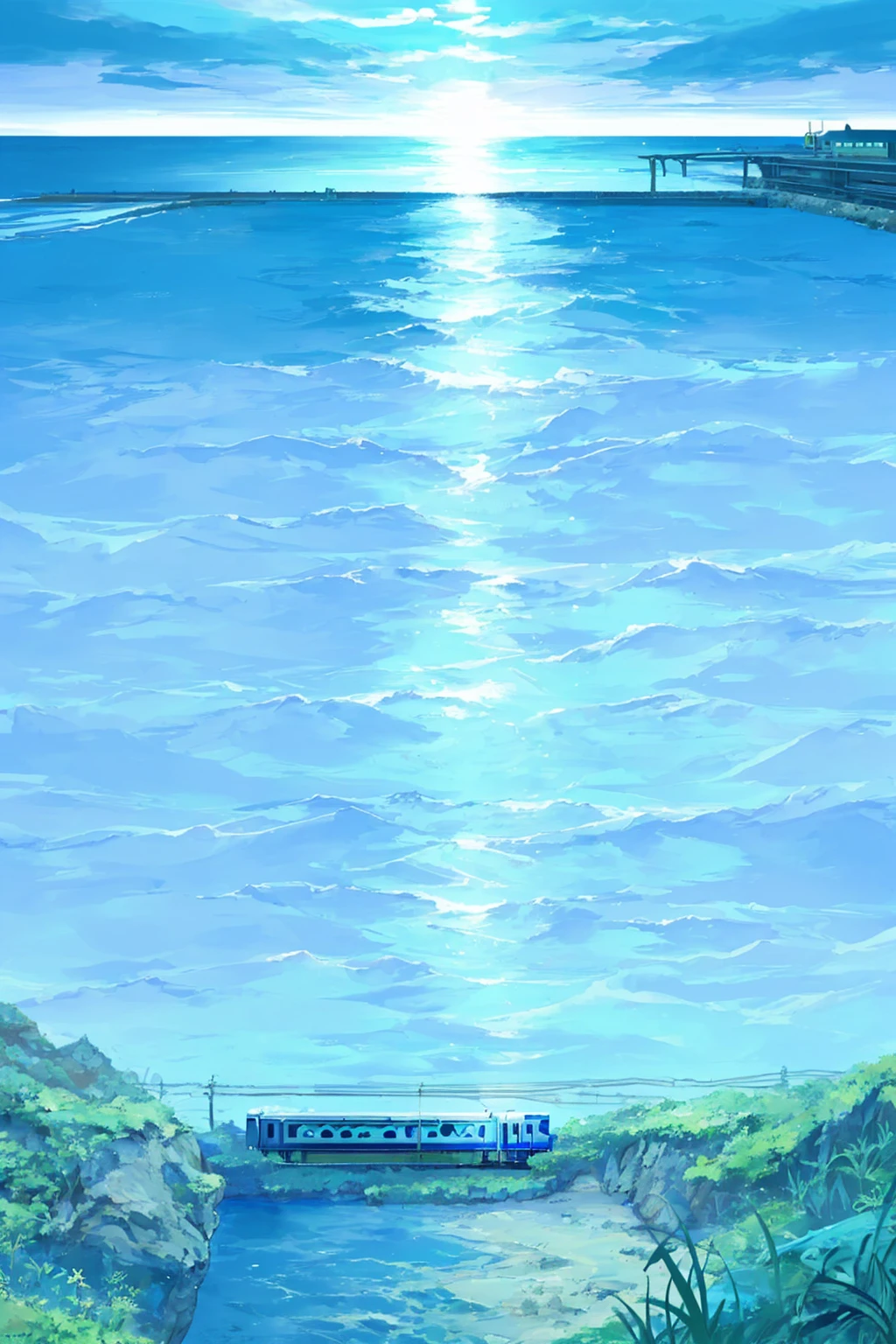 Anime styled, nights sky, blue ocean, railway and grass under water