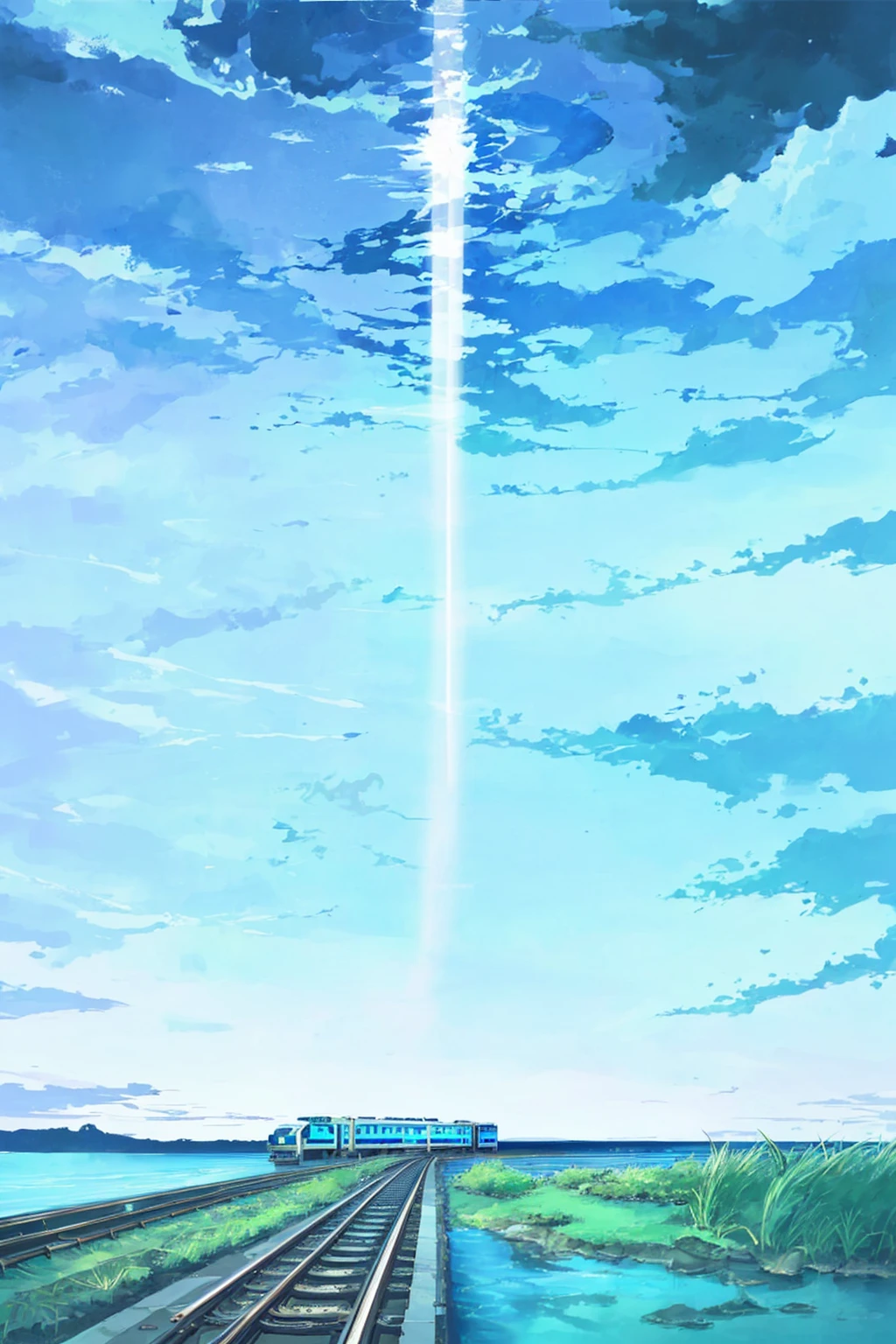 Anime styled, nights sky, blue ocean, railway and grass under water