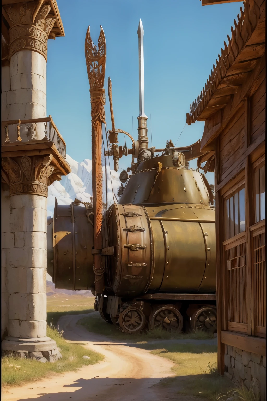 ((larry elmore style)), ((hand painted art)), ((D&D style art)), ((old school sword & sorcery style art)), ((detailed)), ((masterpiece)) an iron war tank made of cables, rusty turbines and steam pipes wielding a rusty old decrepit sword. NO HUMANS