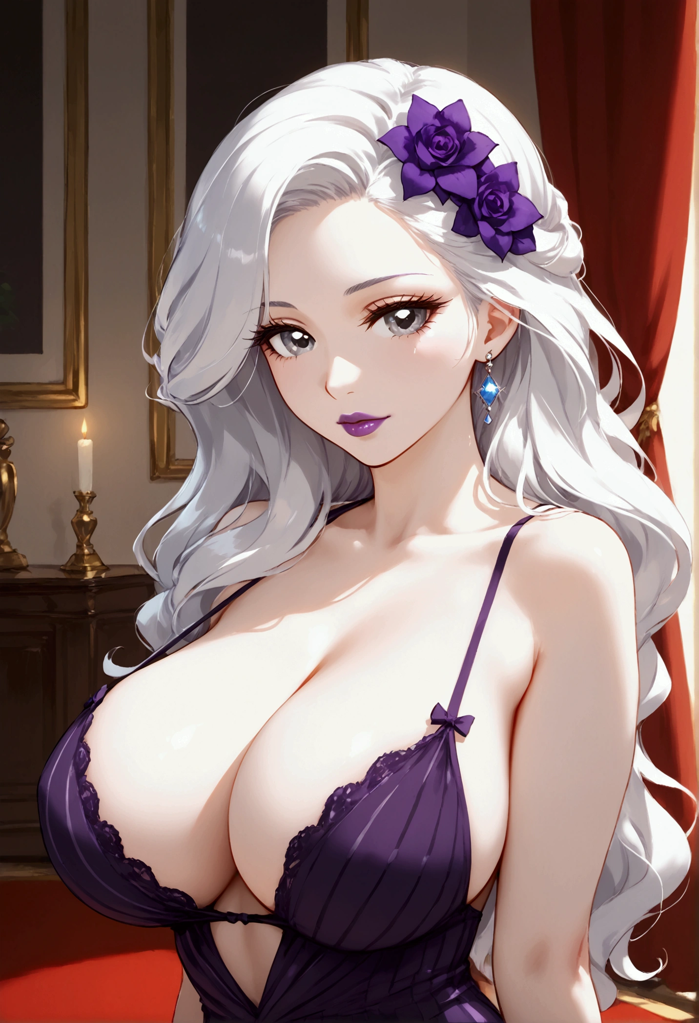 (((my little pony))), black striped white hair, (pale white body), gray eyes, big breasts, purple lips