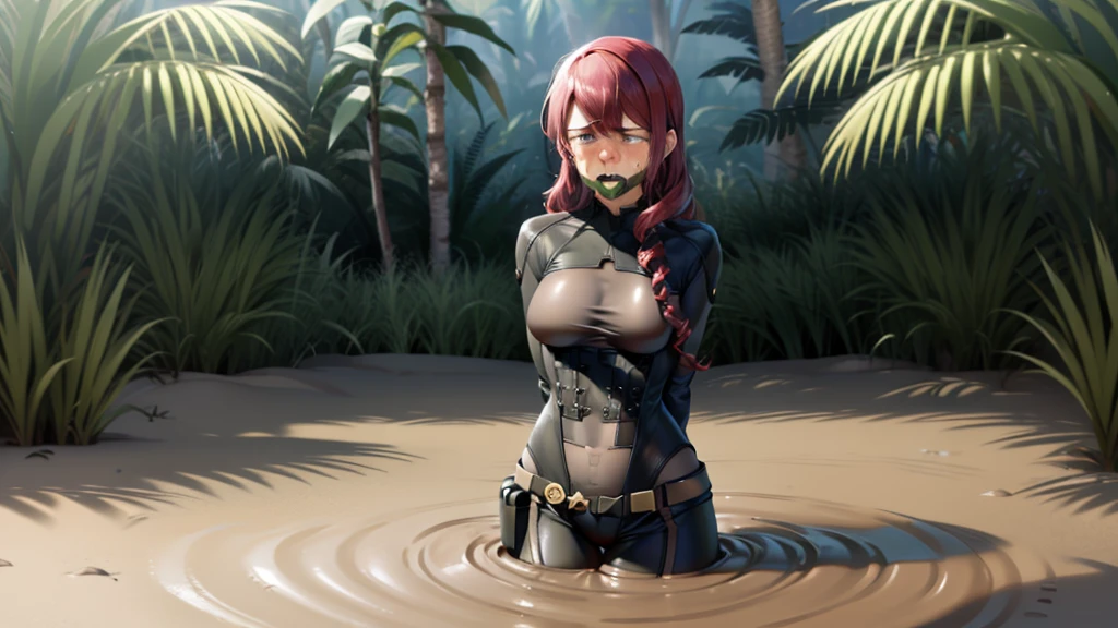 (black bodysuit, grey bodysuit:1.4), kirijou mitsuru, (red eyes, long hair, messy hair, red hair:1.4), 1girl, (gag, gagged, tape gag, restrained:1.4), (((fear, tears, crying))), thigh gap, (((large breasts))), ((a girl is sinking into quicksand)), ((quicksand)), (((standing))), sinking in quicksand, partially submerged, (only upper body visible), Sinking in mud, jungle, (arms behind back:1.4)