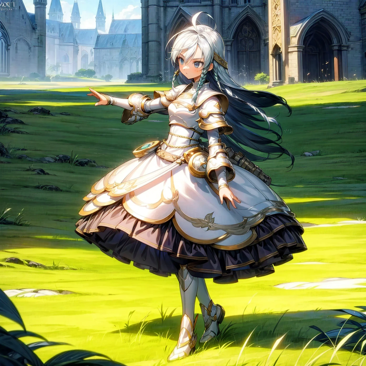 1girl, Full body version, 1character,  version, light blue eyes color, long haircut, (white colour hair), formal style clothing, medieval gold armour, one gold sword in hand, Grassroots, background in green field, motion blur, battle gesture, lighting sword, smoke, fire lighting, fire, masterpiece, (Hunter x Hunter style art)