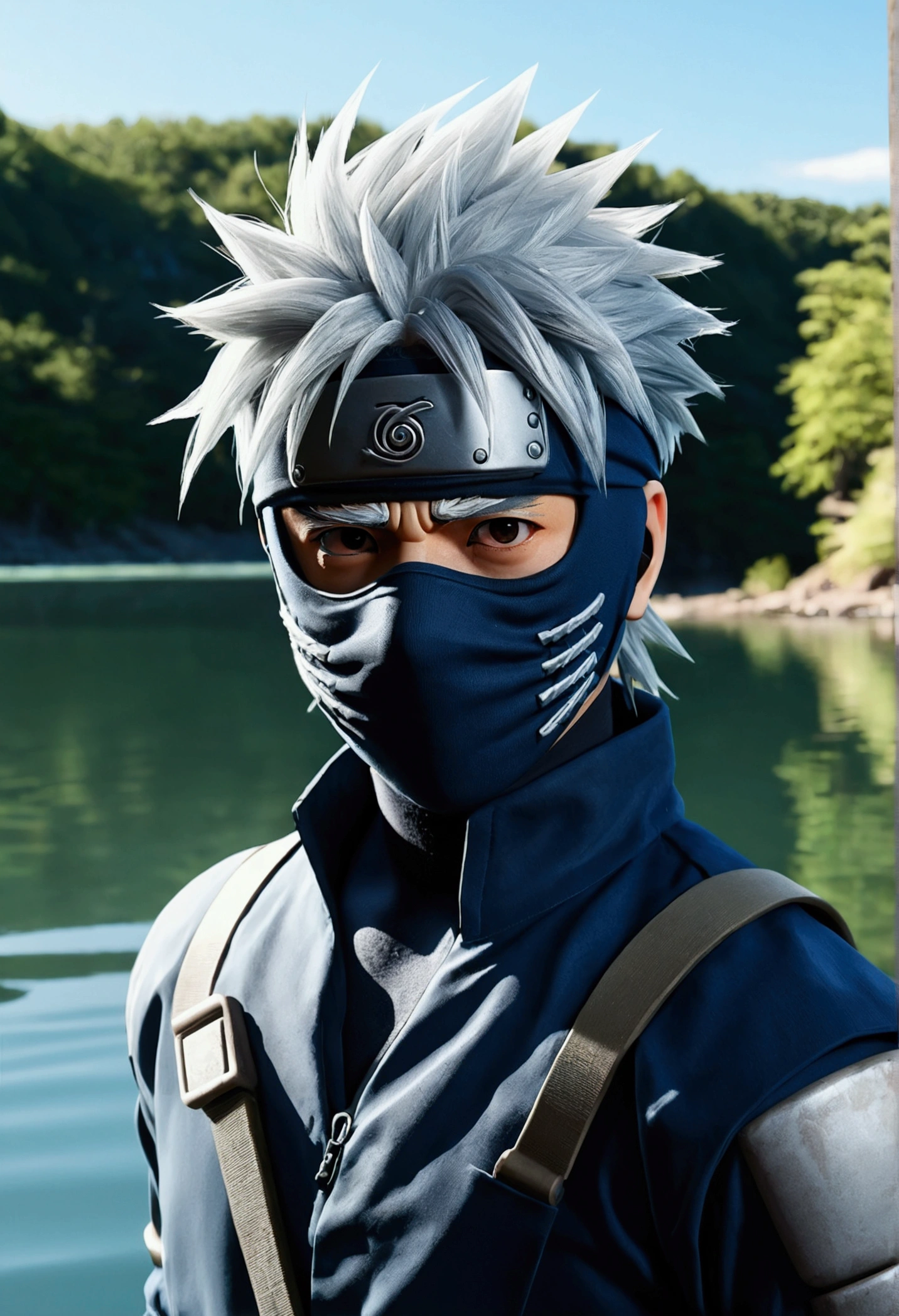 Kakashi Hatake, (in a lake), masterpiece, best quality, ultra quality, absurd details, best light, best shadow, sharp, sharp picture, detailed face, detailed eyes, detailed hair, detailed, extremely detailed, great resolution, 8k, 4k, uhd, ray tracing, beautiful effects, image of (full body)