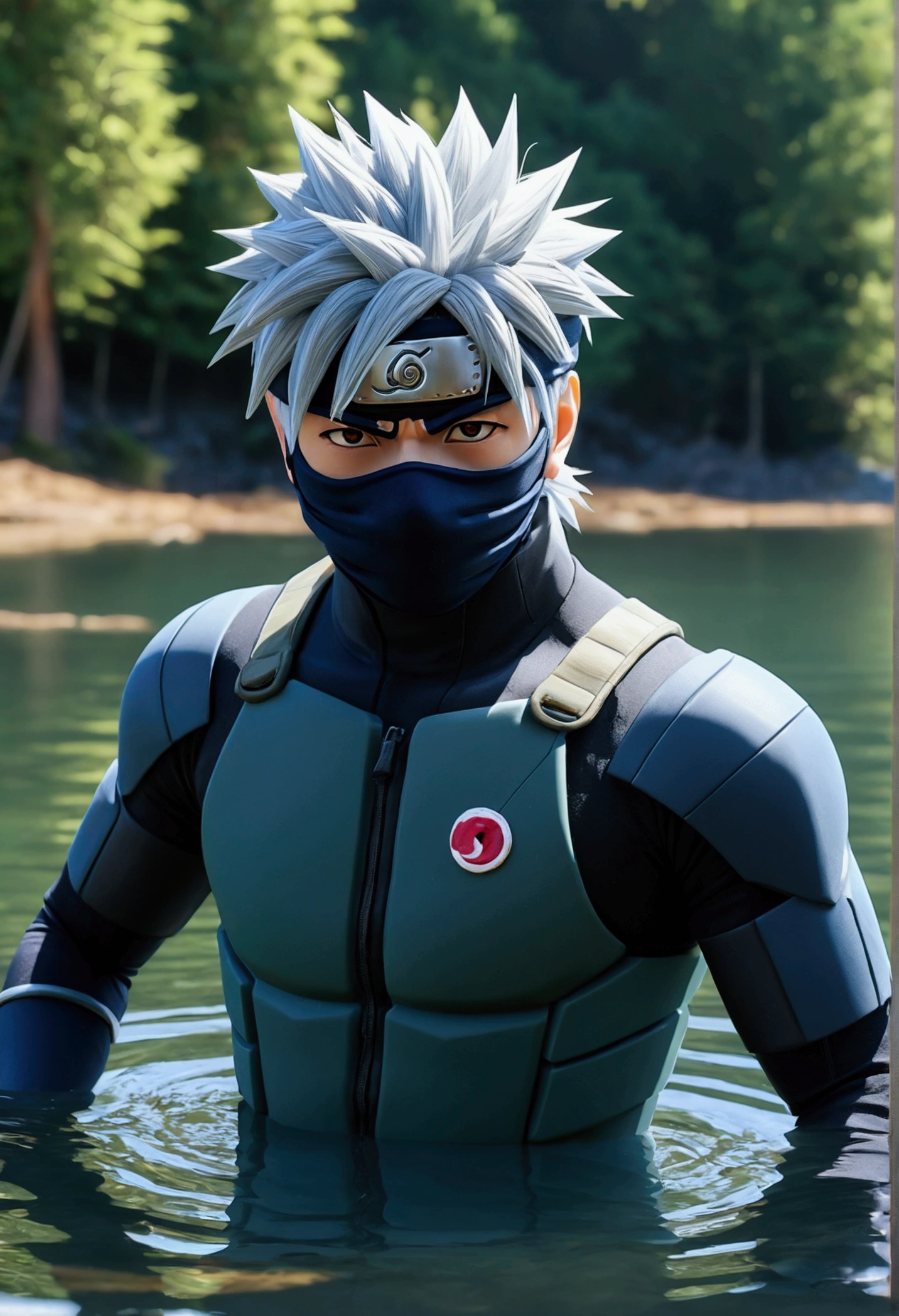 Kakashi Hatake, (in a lake), masterpiece, best quality, ultra quality, absurd details, best light, best shadow, sharp, sharp picture, detailed face, detailed eyes, detailed hair, detailed, extremely detailed, great resolution, 8k, 4k, uhd, ray tracing, beautiful effects, image of (full body)