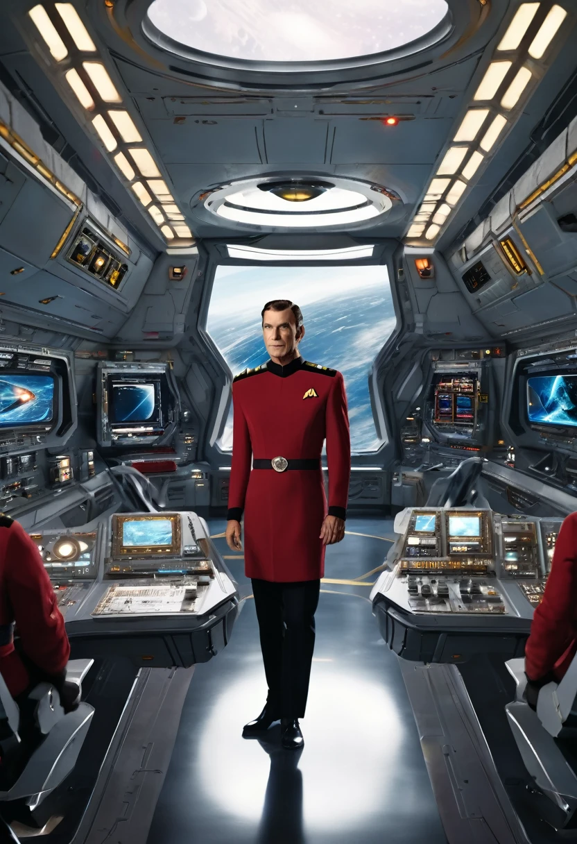 futurism, cinematic lighting, ray tracing, reflection light, Fujicolor, multiple views, wide shot, atmospheric perspective, best quality, highres, 1080P, retina, masterpiece, anatomically correct, textured skin, super detail, three sided view, (((whole person: 1.5))), (((one vulcan male: 1.2))), starship engineering officer in uniform, in the background large window with another starship firing on the Enterprise, Boots belt with weapon, computer consoles, screens, buttons, switches, touch screen, several crew members on the bridge, ((Starship Enterprise insignia on the chest: 1.4)), (((Large spaceship bridge with several crew members on the bridge: 1.5)))