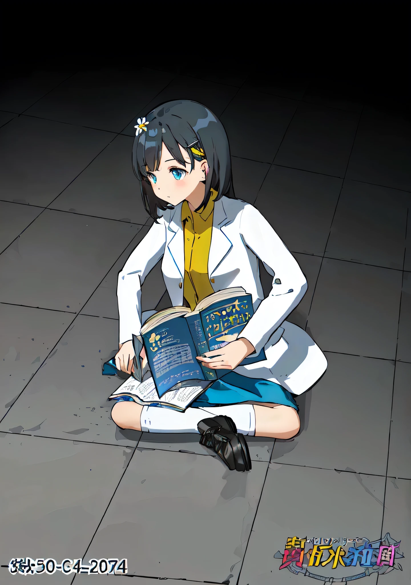 Girl, dark hair, blue eyes, flower hairpin, white lab coat, yellow shirt, blue skirt, black shoes, white socks, dark blue calculus book, writing, studying on the floor, half dark room
