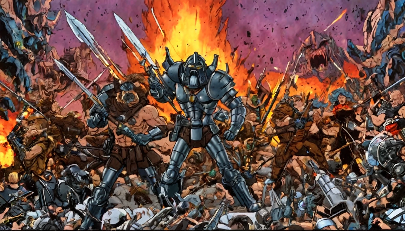 Flat 2D Art,simple flat color,2-dimensional,heavymetalstyle,Flat 2D Art Style, in (medium full shot:3.1) of lot of characters from (metal hurlant magazine:3.1), inspired by style of Simon Bisley and style of Ed Binkley art, barbarian warriors in battles against space creatures, monsters, daemons, aliens, mutant, with explosions, smoke and fire (with Creepy, Sci-Fi, Fantasy and Horror:2.9), directed by Ridley Scott (Cinematic:3.1), horrified, terrified, insane, disgusting, disturbing, Impactful, cgsociety, hyper-detailed, digital illusions, cyberspace, (masterpiece:2.9)