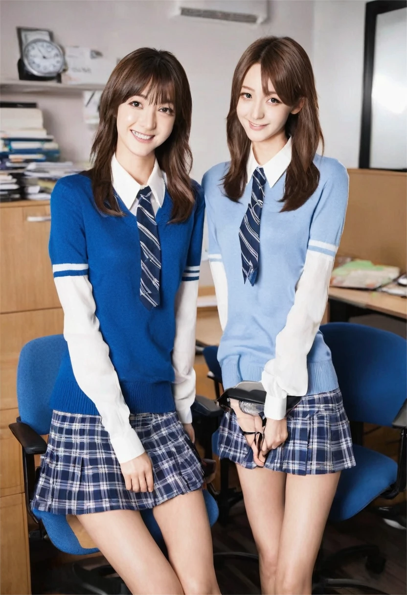 2 girls, office, (standing:1.1), 22-year-old, (Small breasts:1.3),(skinny:1.2),(short sleeve blue sweater:1.2),AKB48,nogizaka46,smile,beautiful girl,highest quality,High resolution,be familiar with,perfect anatomy,beautiful and fine eyes,office Chair,office Desk,laptop,bob cut,(smile:1.2),(open legs:1.3),(fullnude:1.8),(show pussy:1.6),(cowboyshot:1.2),