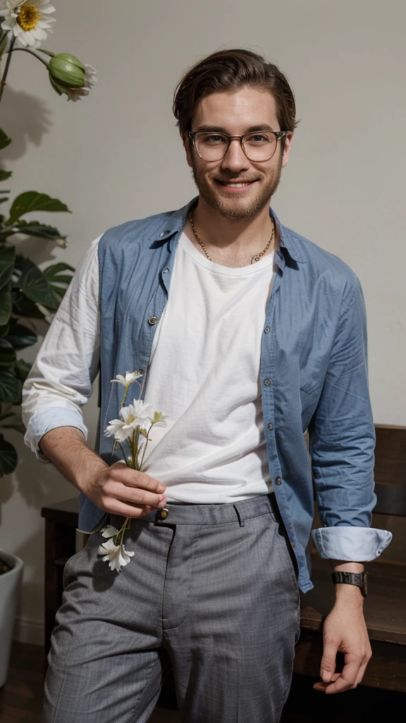 hipster man, wearing shirt and trousers, giving flower to the viewer in the hand, smile