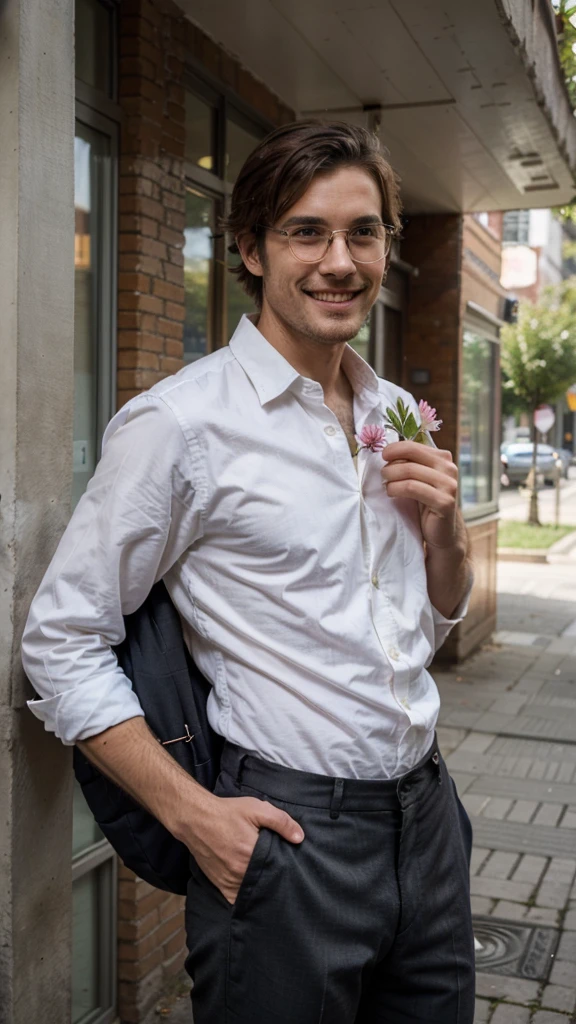 hipster man, wearing shirt and trousers, giving flower to the viewer in the hand, smile