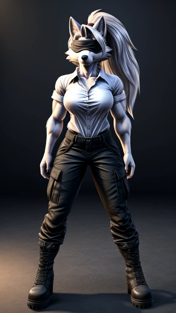 Loona from Helluva Boss, female wolf, anthro, mature adult, soft white hair with ponytail, blindfolded, tall, muscular, white shirt, black cargo pants, black boots, solo, beautiful, high quality, precise, full body, front view, 4K