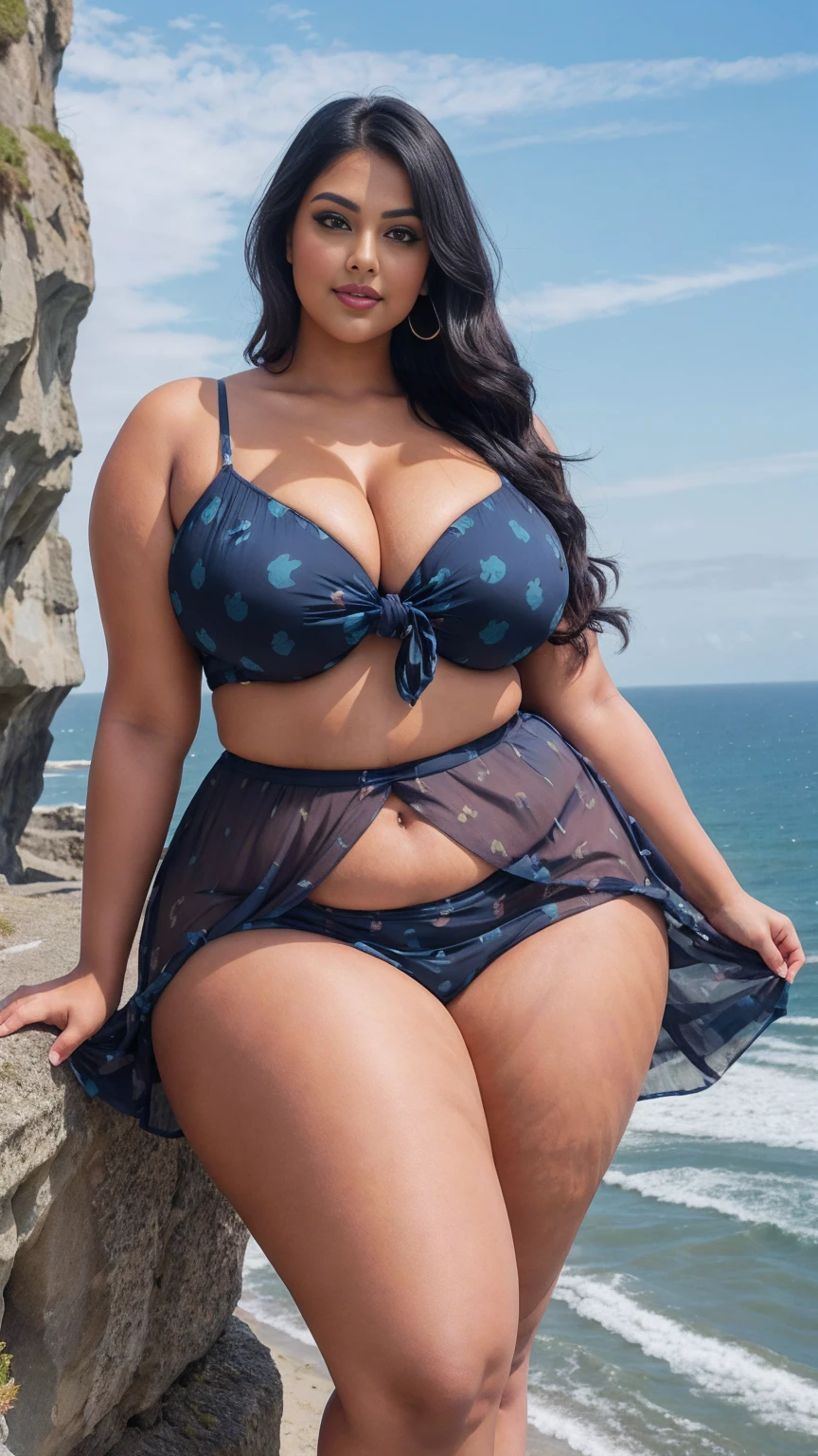 swastika mukharjee Indian beautiful woman curvy plus size hour glass bulky huge figure woman, closeup camera view, big huge m-cup breast, wearing SHEIN Swim Summer Beach Knotted Mesh Beach Cover Up Skirt (Random Print) Carnival Color: Royal Blue , covered Bust , elegant standing position, eye contact view, different style hairstyle, bright eyes, thin eyebrows, fair skin, blushing cheeks, prefect head to toe view, full body, ideal for high-fashion or editorial shoots, ultra realistic skin texture, head to toe view, full body shot, full body view, smile face, black hair, Indian face, perfect skin tone light, ultra realistic skin texture, bigger waist, busty, big hips, fleshy thighs, thick thighs, busty, full body view, Ocean Cliffside: Dramatic cliffs overlooking the sea.