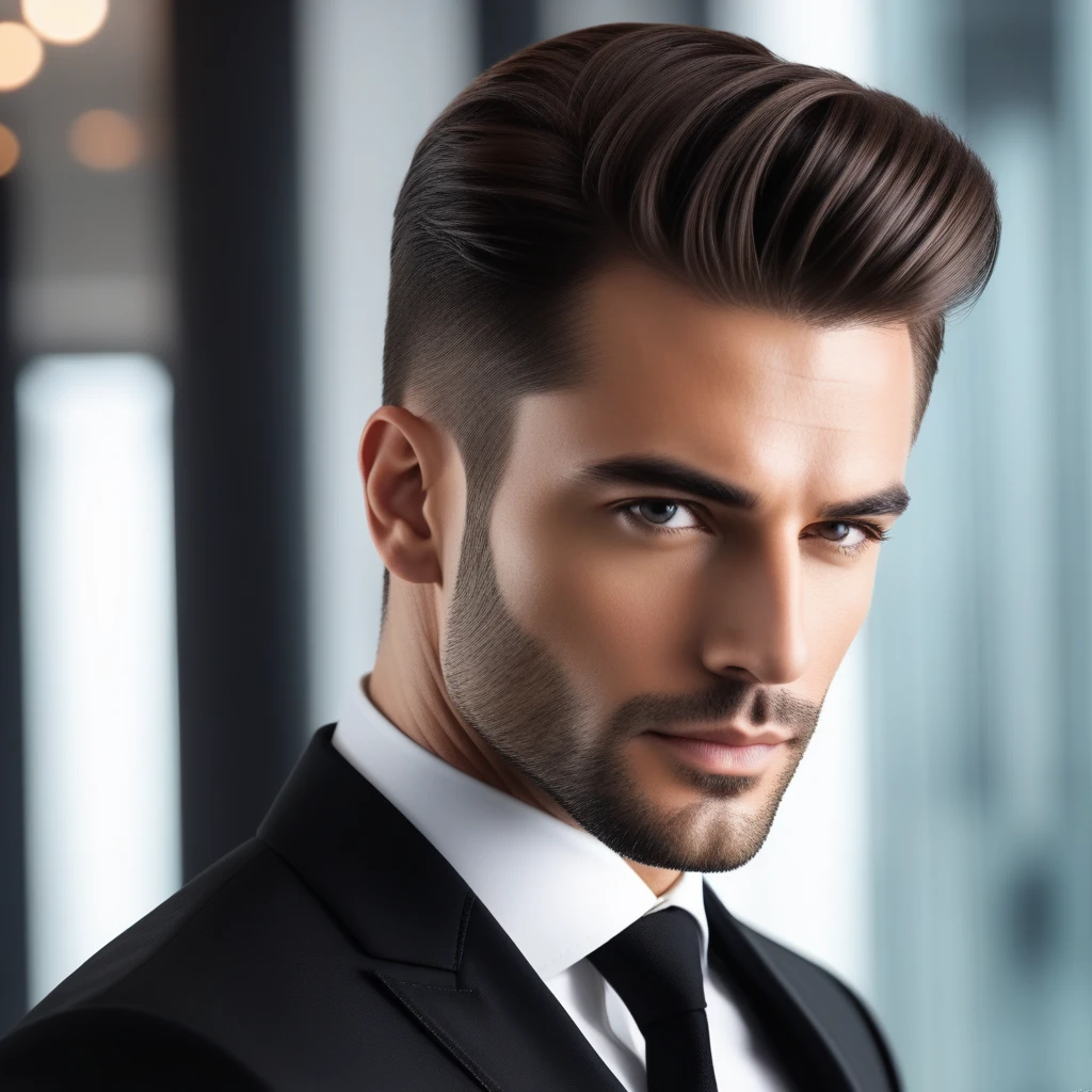 A handsome agent with nice haircut in black suit 