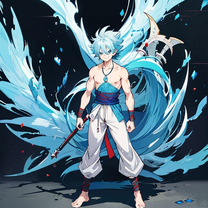 Dragon ball, naruto, one piece)),guy with prosthetic arm,alone person,lone wolf,grimdark,Grinning,blue colored eyes,glad, Sauvage,garoto Sauvage corajoso,wearing no shirt,mechanical arm made of metal,blue long pants,arm made of metal,barefoot,Standing full body painting,with long, spiky, messy blue hair,Get red in the face,Manual repair,the detail,k hd,skull necklace,Close to the original,illustration,CG,anime 14 year old boy man,quadratic element(Optimal image quality,Masterpiece artwork,smiling warrior boy