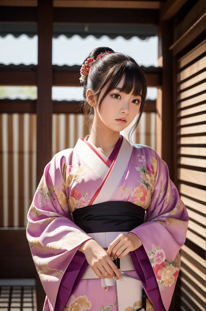 best quality , masterpiece , perfect face , samurai girl , korean beauty , shy face , kimono , katana , japanese castle , blunt bangs