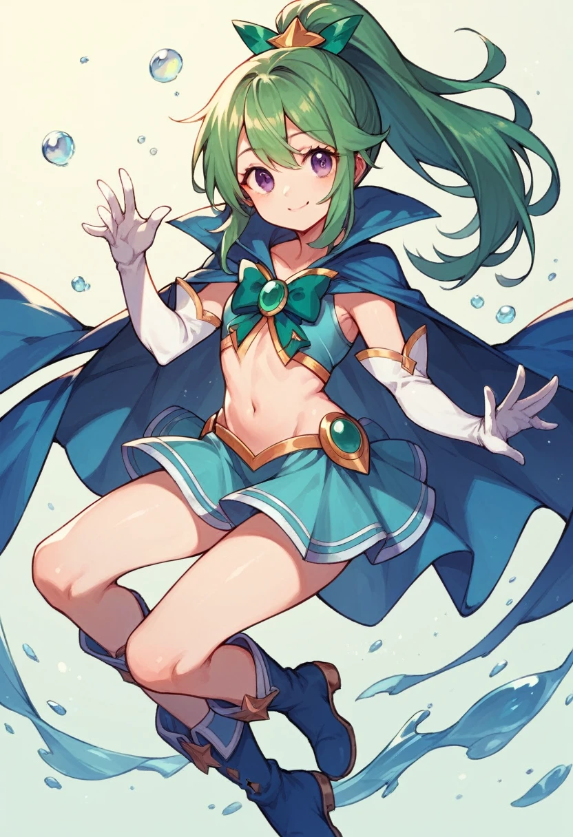 beautiful magical girl with water green ponytail hair, purple eyes, white and blue top shirt, white long gloves, blue cape, blue skirt, white and blue boots, bare belly, cute smile, no background