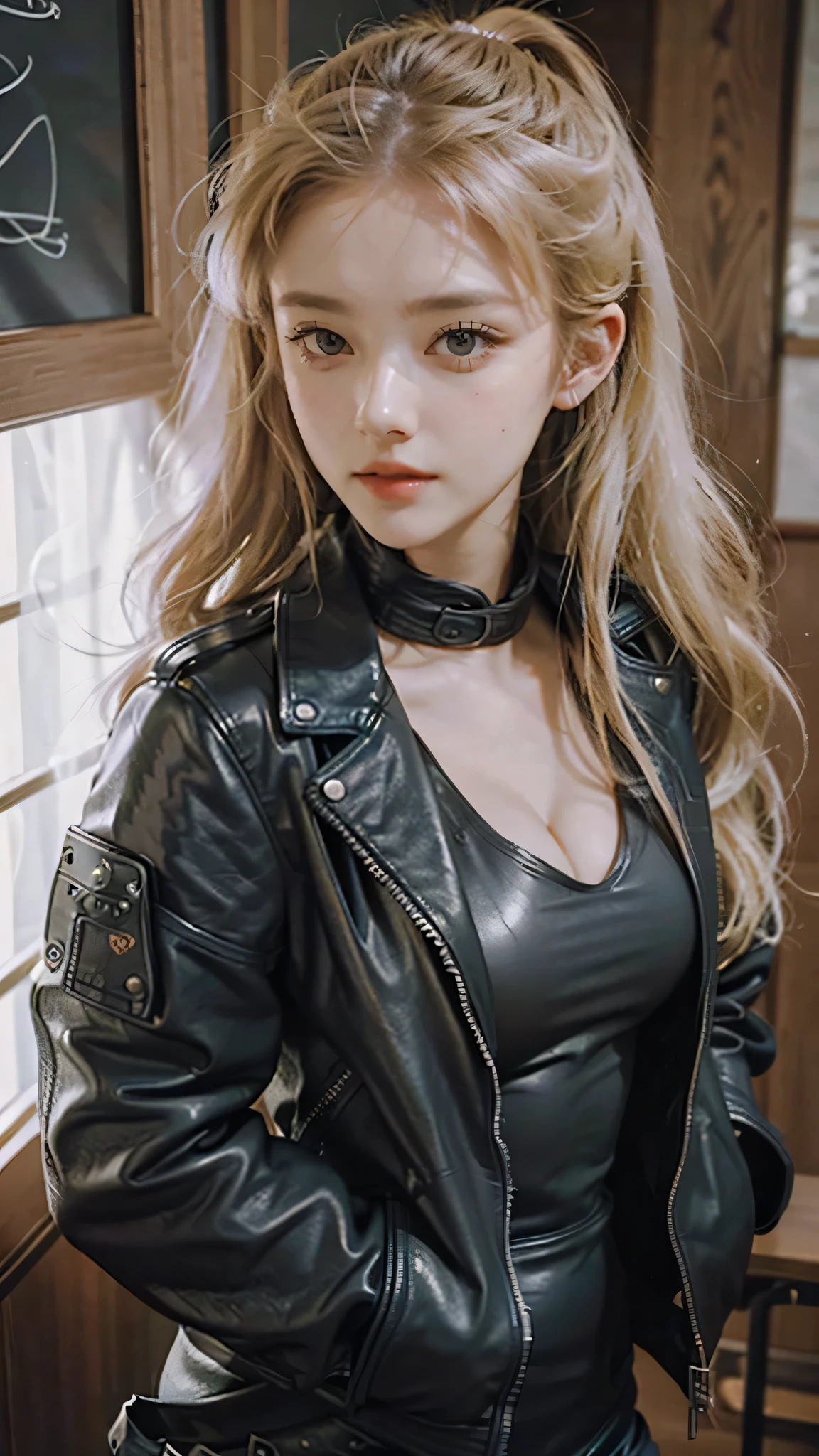 1girl, solo, face, portrait, long hair, pony tail, blonde hair, green eyes, large breasts, (black leather jacket:1.2) , cleavage, school, blushing, looking at the viewer,