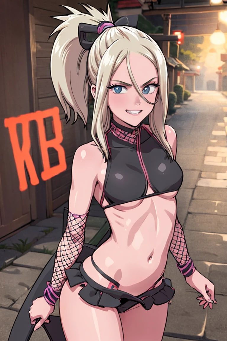 masterpiece, best quality, (1 girl), solo, wide hips, (small breasts), slutty grin, young girl, wide hips, ninja village, nighttime, detailed eyes, blonde, elegant hair, open mouth, ((wearing a slutty ninja outfit)), ponytail, slutty, long hair, (hair over one eye), (hair covering one eye), curvy, nice hips, kunoichi, ((ninja girl)), ninja outfit, midriff, short skirt, (fishnet),