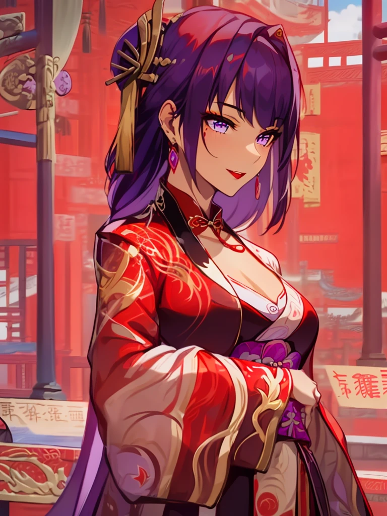 score_9, score_8_up, score_7_up, score_6_up, score_5_up, score_4_up, Raiden shogun, purple eyes, purple long hair, tied hair, hair in a bun, hairpin, traditional Chinese red wedding hanfu dress, Yourqipao Red Embroidery Chinese Xiuhe Hanfu Women's Satin Cheongsam Ancient Traditional Chinese Bride, Wedding Dress, Long Dresses, long earrings, red lipstick, detailed eyes, traditional wear, sexy attractive, hot, traditional, smiling widely, happy, blushing, lotuses, sitting,
