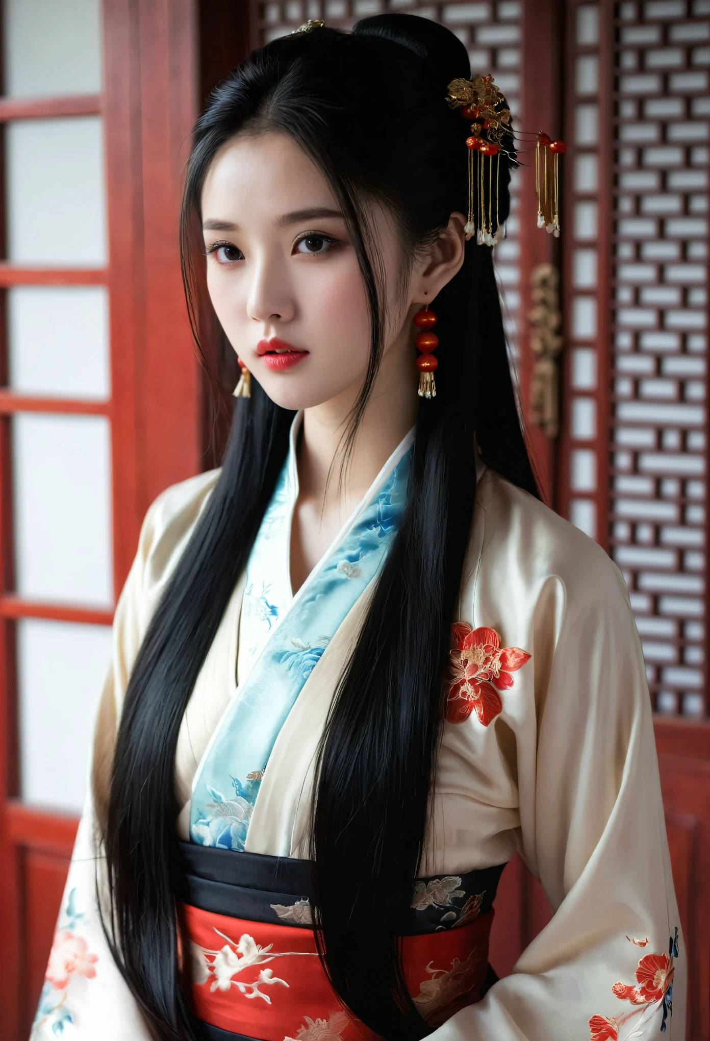 1girl, solo, long hair, black hair, dress, indoors, blurry, black eyes, lips, chinese clothes, realistic