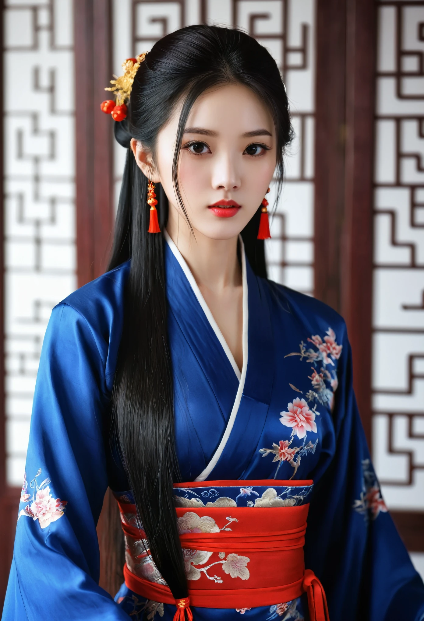1girl, solo, long hair, black hair, dress, indoors, blurry, black eyes, lips, chinese clothes, realistic