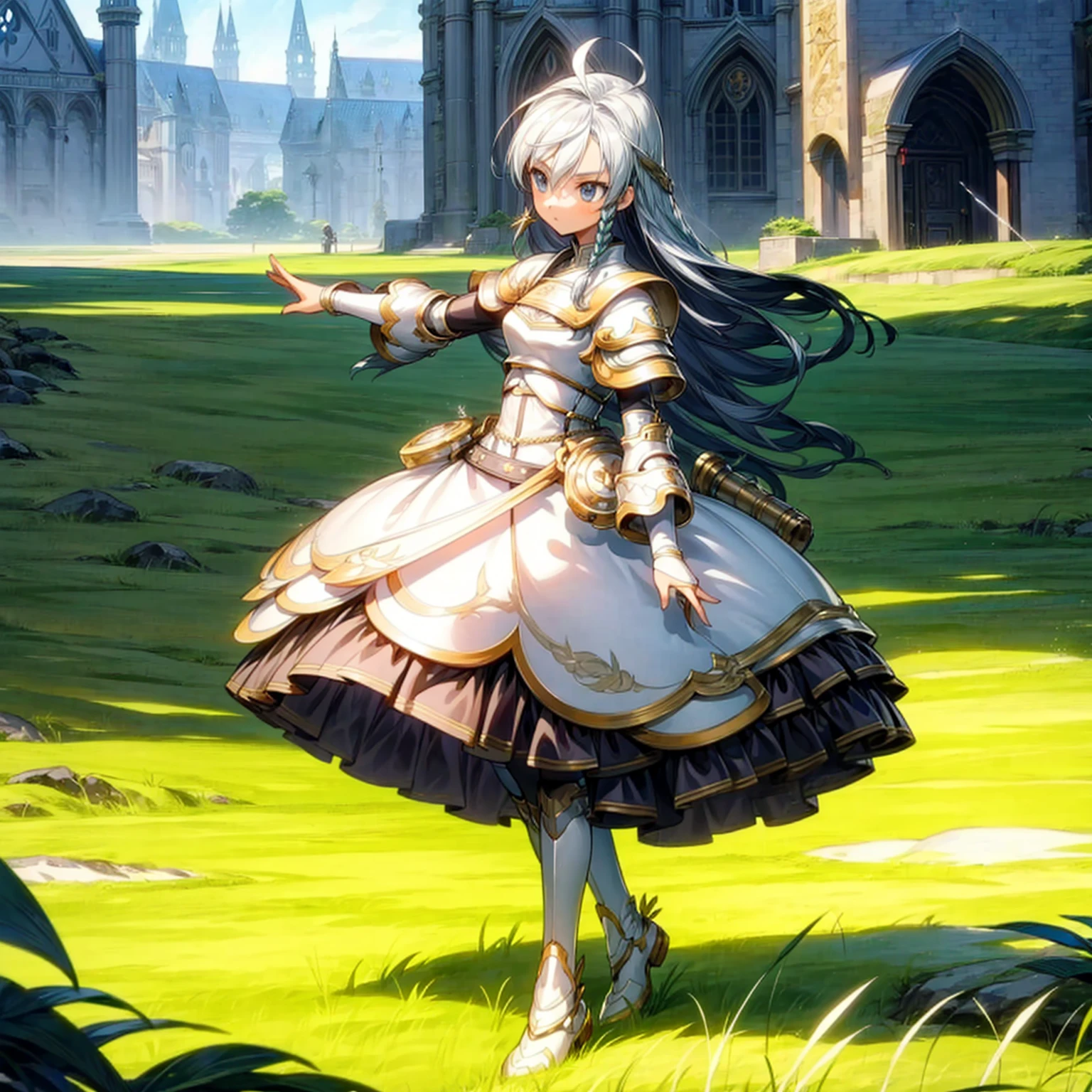 1girl, Full body version, 1character, children version, light blue eyes color, long haircut, (white colour hair), formal style clothing, medieval gold armour, one gold sword in hand, Grassroots, background in green field, motion blur, battle gesture, lighting sword, smoke, fire lighting, fire, masterpiece, (Hunter x Hunter style art)