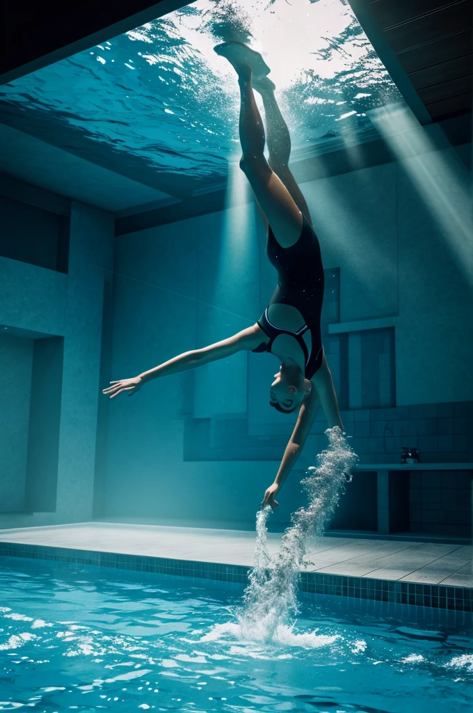 a diver reaching into an indoor pool,hands parting the water,disappearing into the depths,underwater scene,dramatic lighting,high-contrast,realistic,photorealistic,4k,8k,highres,masterpiece,ultra-detailed,physically-based rendering,vivid colors,studio lighting