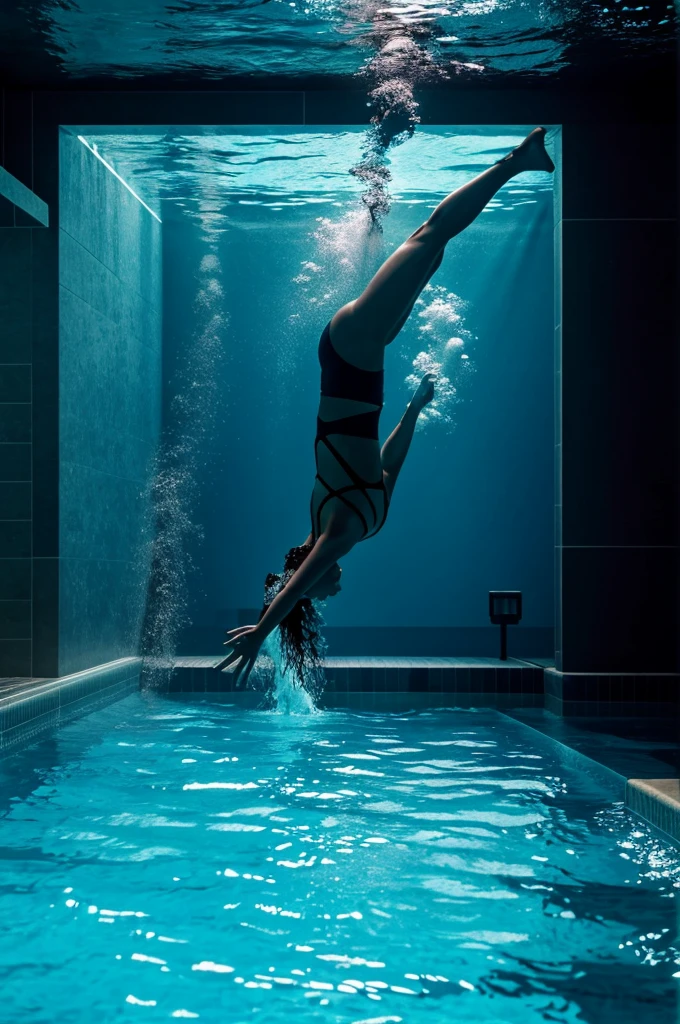 a diver reaching into an indoor pool,hands parting the water,disappearing into the depths,underwater scene,dramatic lighting,high-contrast,realistic,photorealistic,4k,8k,highres,masterpiece,ultra-detailed,physically-based rendering,vivid colors,studio lighting