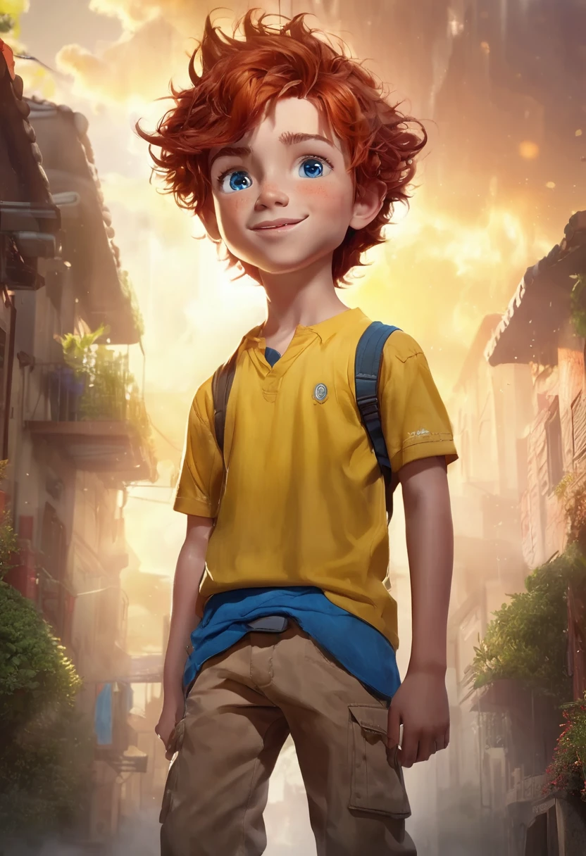 1 boy , wearing a yellow shirt, masculine blue eyes, detailed light skin, voluminous and wavy red hair, white skin, dramatic lighting, cinematic composition, warm palette, happy expression, daytime environment, warm colors, atmospheric fog, cute creation , handsome boy, thin chin,  (best quality, 4K, 8K, high resolution, art: 1.2), ultra-detailed, (realistic, photorealistic, photorealistic: 1, 37)