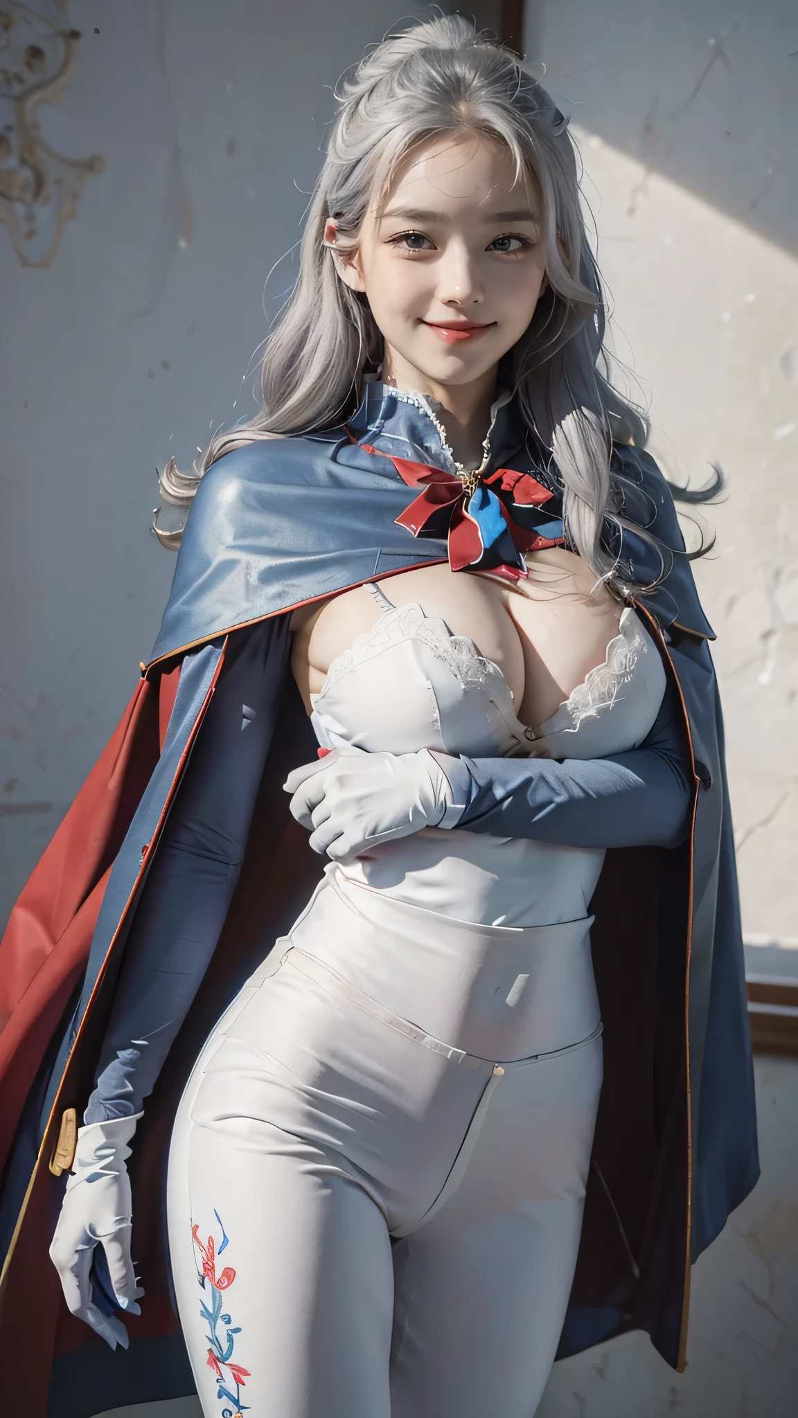 ,colorful,(masterpiece:1,2), best quality, masterpiece, highres, original, extremely detailed wallpaper, 1girl ,smile,solo, grey hair, blue eyes, original_outfits,red cape,white pants, gloves, breasts, uniform, large breasts