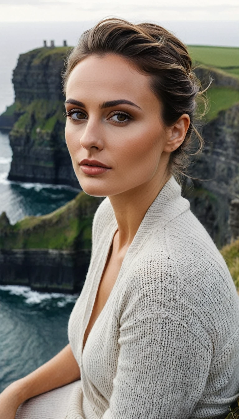 beautiful brunette, (((oval face shape with golden proportions, tall and defined cheekbones, gently angular jaw, slightly pointed chin, medium forehead with gently arched hairline))), wavy brown hair in a loose bun, ((full eyebrows with subtle microblading)), (((contemplative pose, sitting on the edge of a cliff, look lost in the horizon))). (((Wide medium shot, showing the complete character sitting, with the Cliffs of Moher and the Atlantic Ocean visible in the background))). highy detailed, 20 year, ((brown eyes with pronounced limbal rings)). (((Nose with straight back, slightly rounded tip, harmonious proportion with the face, symmetrical and refined nostrils))). ((Medium, well-defined lips, soft cupid&#39;s bow, natural redness around the edges, smooth texture with visible hydration)). high resolution, work of art. Pele realista Fitzpatrick VI, visible dermatoglyphics on the chin, mild post-inflammatory hyperpigmentation. ((Wearing a thick wool sweater and jeans)). excellent quality, extremely detaild, sharp focus, ((tiro Canon EOS R6, 70-200mm f/2.8 L IS III USM @ 135mm)), Cinema EOS color vision. slenderbody, photoshot_(ultra), photoshotrrealismo, photoshotgrafia (film grain) (((diffuse light on a cloudy day, with gentle gusts of wind))) Em primeiro plano