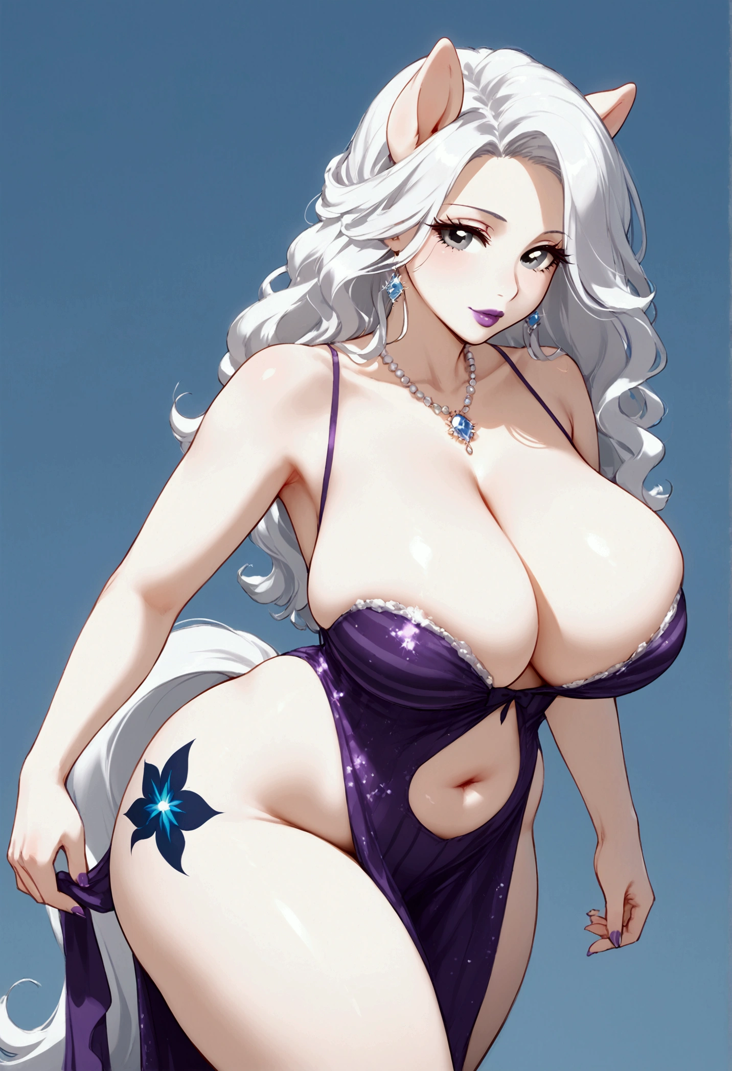 (((my little pony))), black striped white hair, (pale white body), gray eyes, big breasts, purple lips, big butt, belly, milf