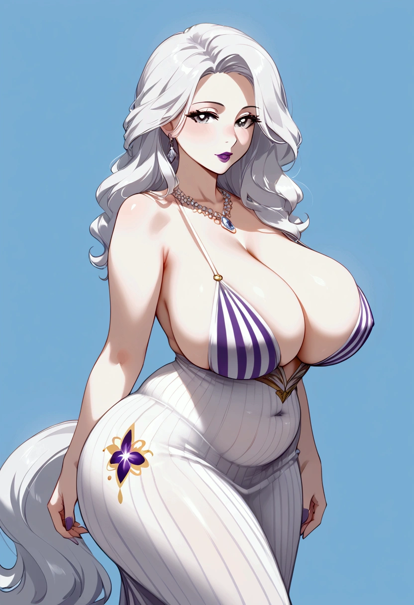 (((my little pony))), black striped white hair, (pale white body), gray eyes, big breasts, purple lips, big butt, belly, milf