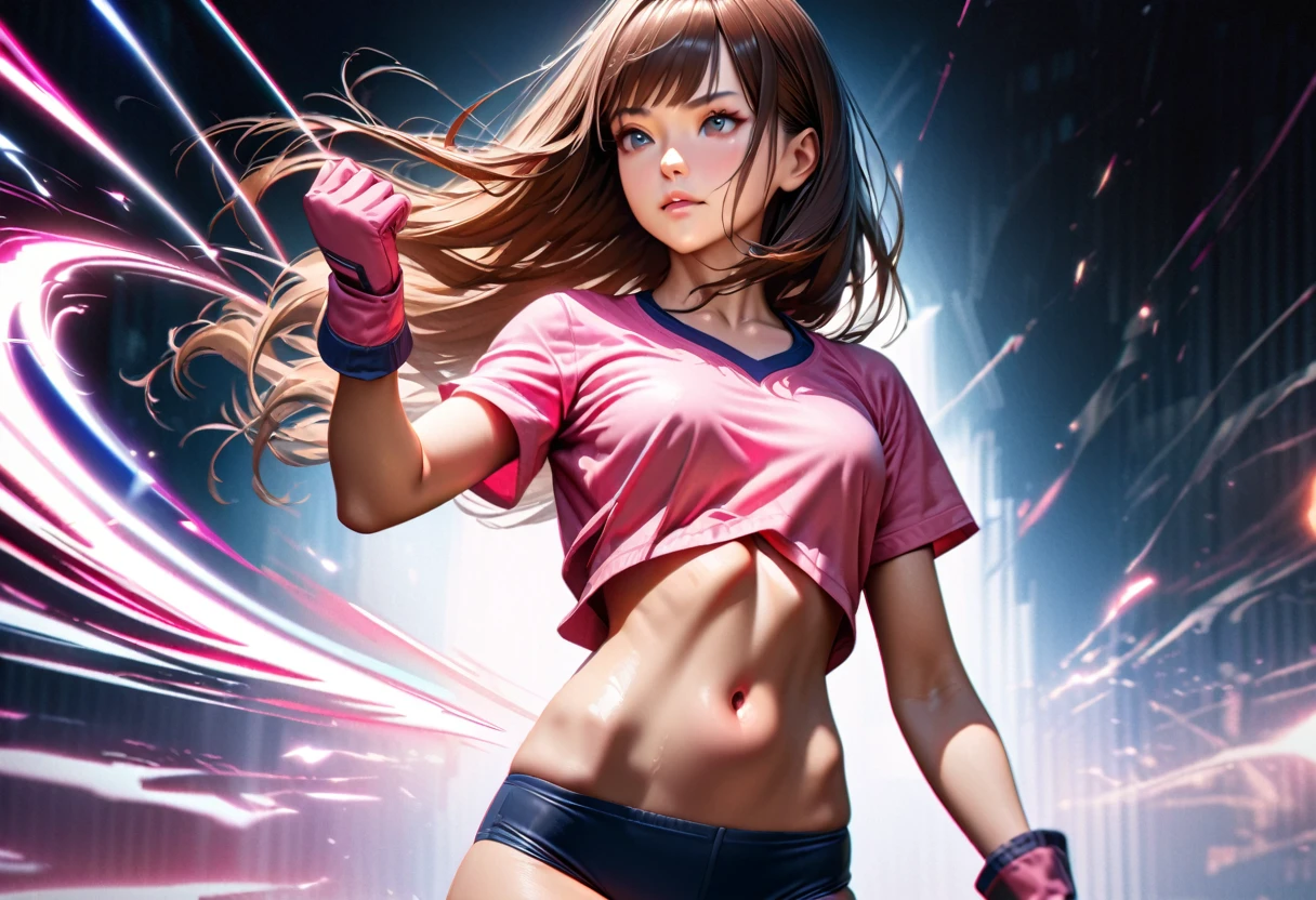 A young woman, brown hair, chest-length hair, straight hair, bangs, medium height body, pink small t-shirt (short sleeves, u-neck), expose navel, pink small gloves, dark blue hipster bottom, pink small boots, energy wave punch, UHD, ultra detailed, ultra realistic, best quality