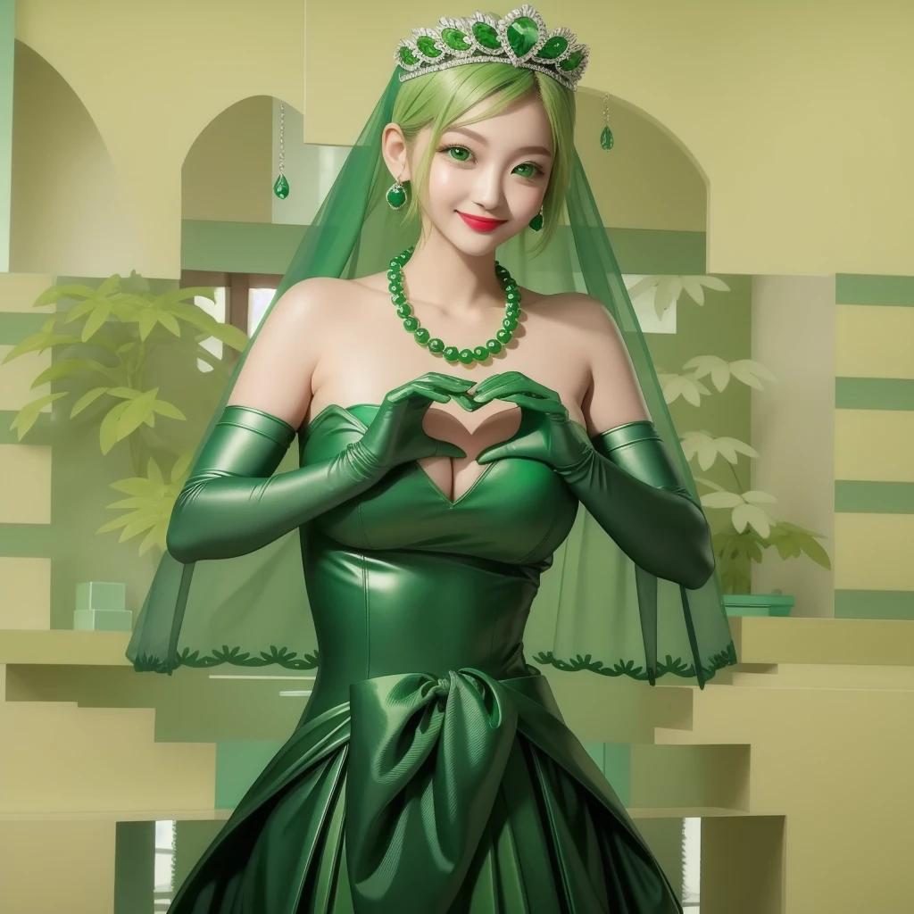 Emerald tiara, Green Pearl Necklace, ボーイッシュな非常に短いGreen Hair, Green Lips, Smiling Japanese woman, Very short hair, Busty beautiful lady, Green Eyes, Green satin long gloves, Green Eyes, Emerald Earrings, Green veil, Heart with both hands, Green Hair, Beautiful Japanese Woman, Heart shaped hands:1.3, green lip gloss