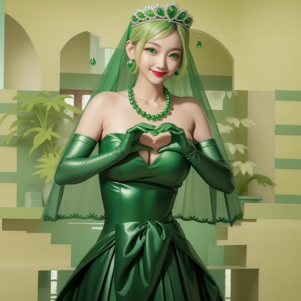 Emerald tiara, Green Pearl Necklace, ボーイッシュな非常に短いGreen Hair, Green Lips, Smiling Japanese woman, Very short hair, Busty beautiful lady, Green Eyes, Green satin long gloves, Green Eyes, Emerald Earrings, Green veil, Heart with both hands, Green Hair, Beautiful Japanese Woman, Heart shaped hands:1.3, green lip gloss