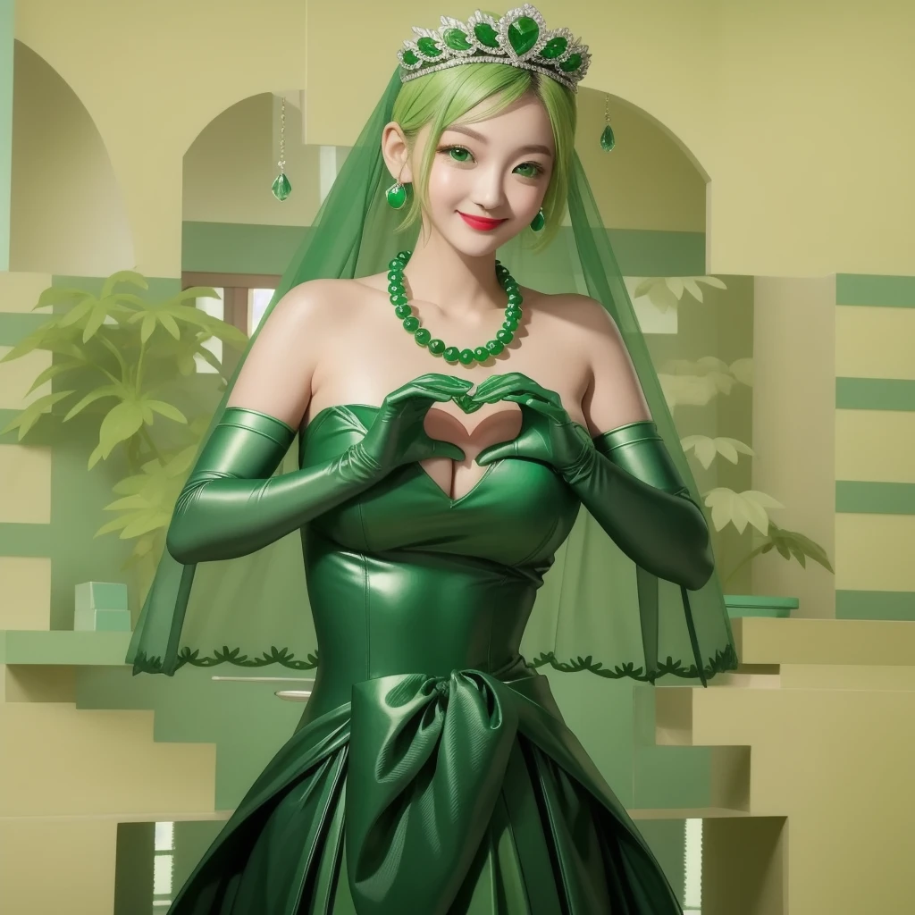 Emerald tiara, Green Pearl Necklace, ボーイッシュな非常に短いGreen Hair, Green Lips, Smiling Japanese woman, Very short hair, Busty beautiful lady, Green Eyes, Green satin long gloves, Green Eyes, Emerald Earrings, Green veil, Heart with both hands, Green Hair, Beautiful Japanese Woman, Heart shaped hands:1.3, green lip gloss