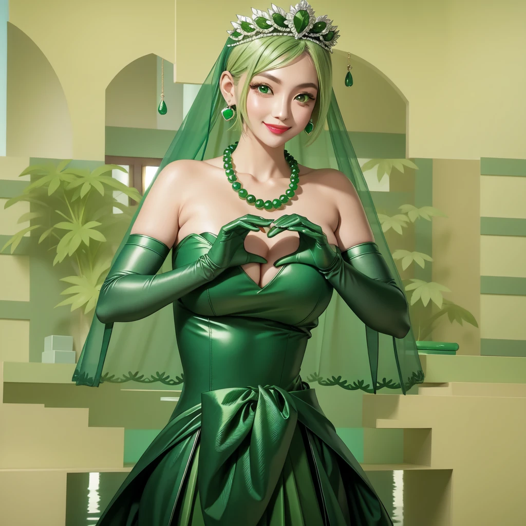 Emerald tiara, Green Pearl Necklace, ボーイッシュな非常に短いGreen Hair, Green Lips, Smiling Japanese woman, Very short hair, Busty beautiful lady, Green Eyes, Green satin long gloves, Green Eyes, Emerald Earrings, Green veil, Heart with both hands, Green Hair, Beautiful Japanese Woman, Heart shaped hands:1.3, green lip gloss