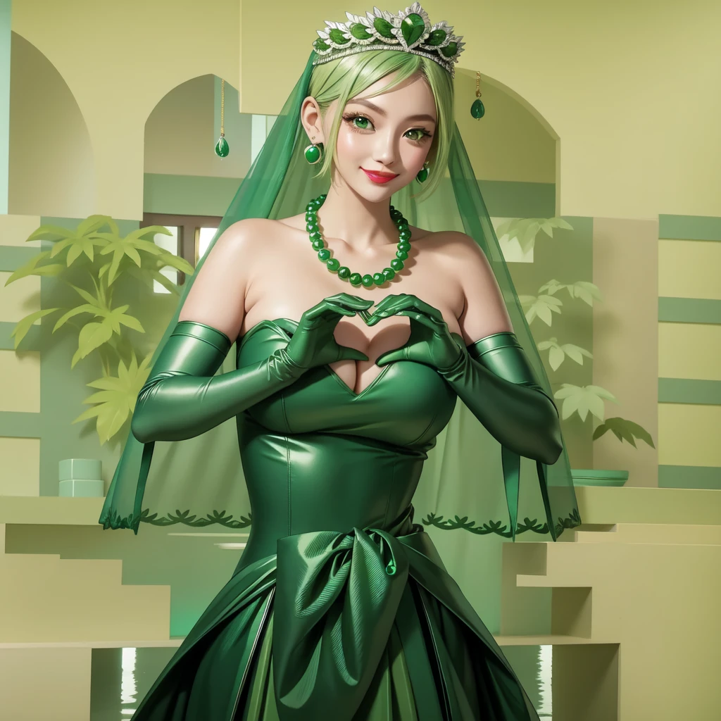Emerald tiara, Green Pearl Necklace, ボーイッシュな非常に短いGreen Hair, Green Lips, Smiling Japanese woman, Very short hair, Busty beautiful lady, Green Eyes, Green satin long gloves, Green Eyes, Emerald Earrings, Green veil, Heart with both hands, Green Hair, Beautiful Japanese Woman, Heart shaped hands:1.3, green lip gloss