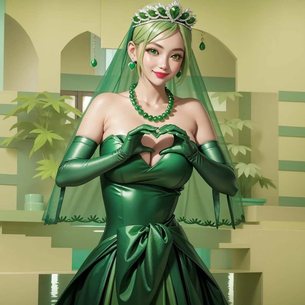 Emerald tiara, Green Pearl Necklace, ボーイッシュな非常に短いGreen Hair, Green Lips, Smiling Japanese woman, Very short hair, Busty beautiful lady, Green Eyes, Green satin long gloves, Green Eyes, Emerald Earrings, Green veil, Heart with both hands, Green Hair, Beautiful Japanese Woman, Heart shaped hands:1.3, green lip gloss