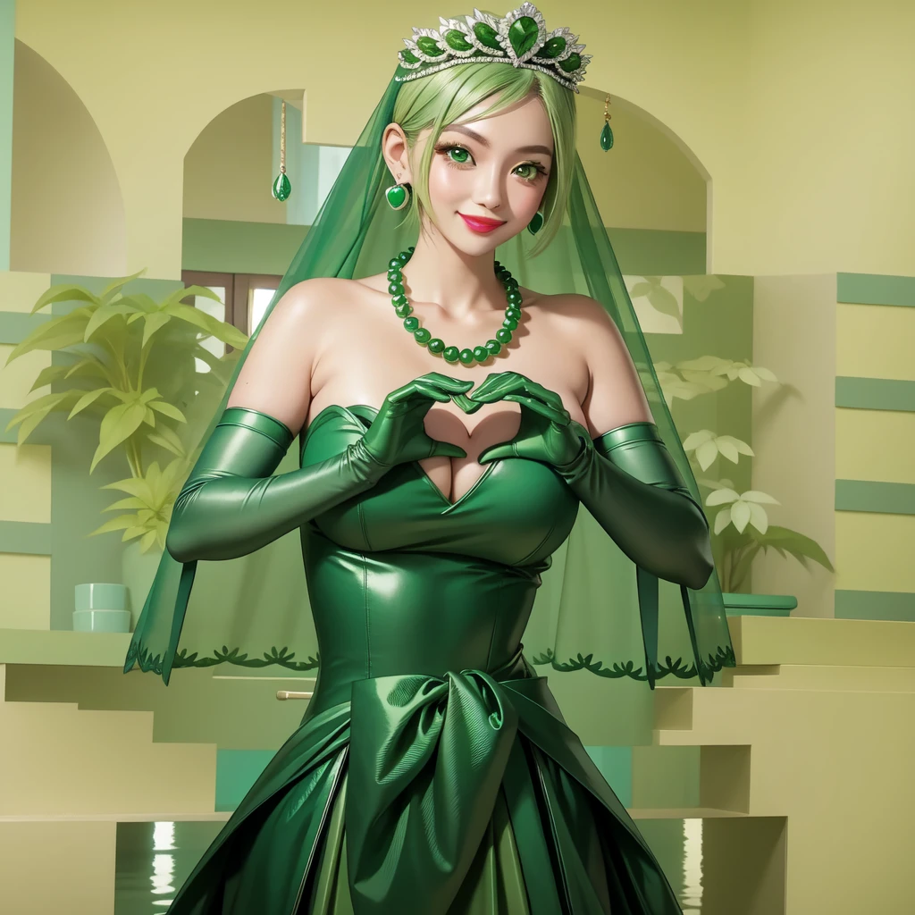 Emerald tiara, Green Pearl Necklace, ボーイッシュな非常に短いGreen Hair, Green Lips, Smiling Japanese woman, Very short hair, Busty beautiful lady, Green Eyes, Green satin long gloves, Green Eyes, Emerald Earrings, Green veil, Heart with both hands, Green Hair, Beautiful Japanese Woman, Heart shaped hands:1.3, green lip gloss