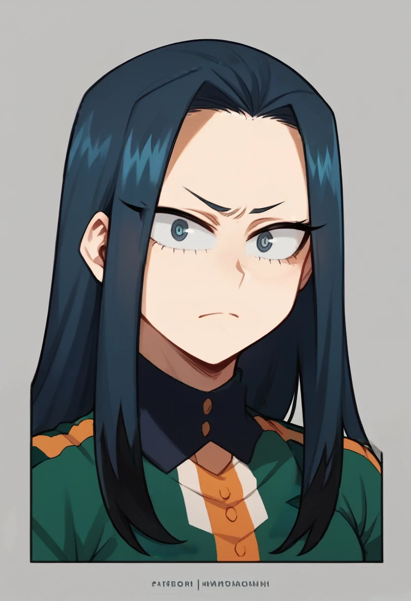 Create a My Hero Academia style girl, with straight navy blue hair with black highlights, grayish blue eyes, with a gray uniform, alpha eyes, long hair, somewhat serious expression. 