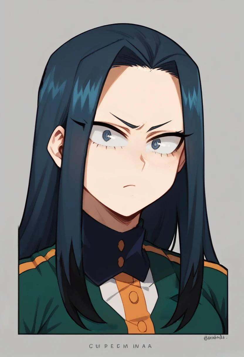 Create a My Hero Academia style girl, with straight navy blue hair with black highlights, grayish blue eyes, with a gray uniform, alpha eyes, long hair, somewhat serious expression. 