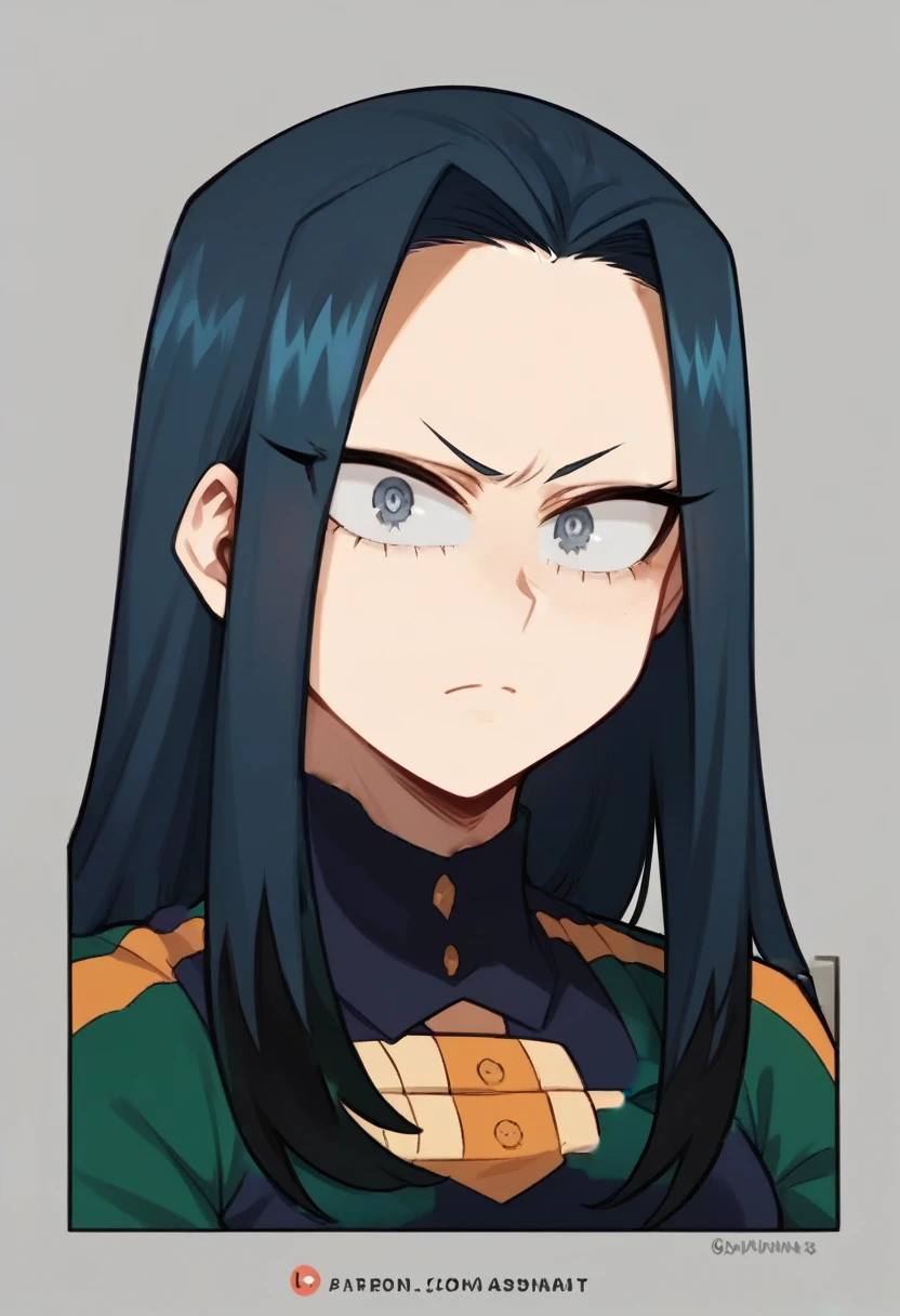 Create a My Hero Academia style girl, with straight navy blue hair with black highlights, grayish blue eyes, with a gray uniform, alpha eyes, long hair, somewhat serious expression.